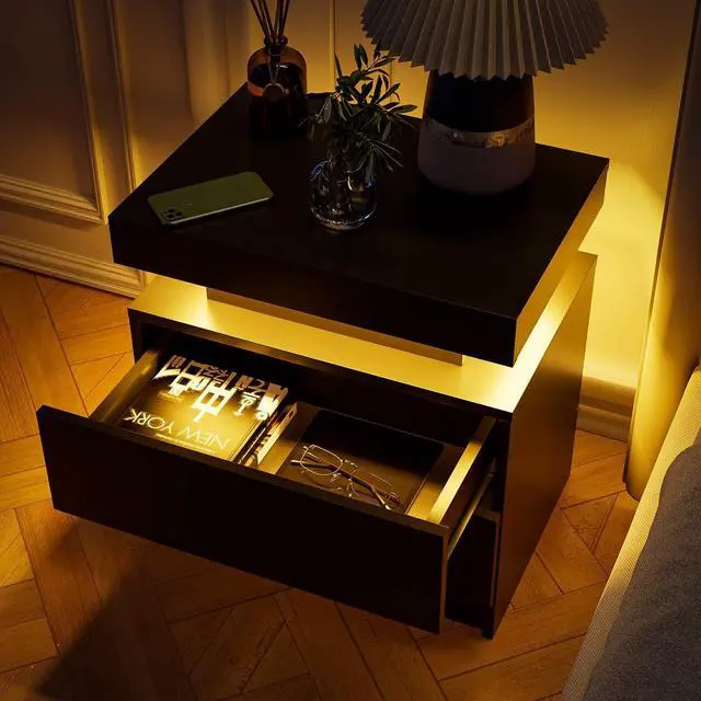 Alt view image 7 of 7 - Nightstand Led Bedside Table Cabinet Lights Modern End Side With 2 Drawers For Bedroom (Black)
