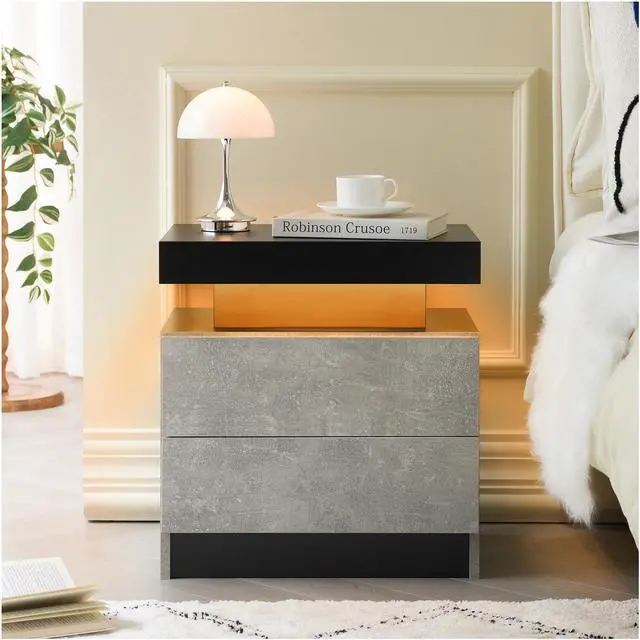 Main image of Nightstand Led Bedside Table Cabinet Lights Modern End Side With 2 Drawers For Bedroom (Black+Gray)