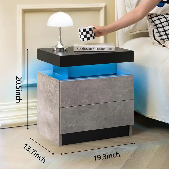 Alt view image 4 of 7 - Nightstand Led Bedside Table Cabinet Lights Modern End Side With 2 Drawers For Bedroom (Black+Gray)