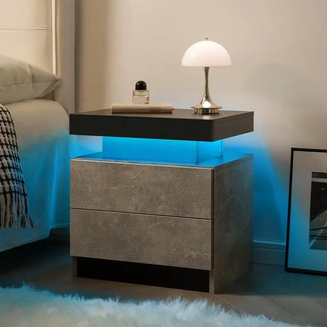 Alt view image 2 of 7 - Nightstand Led Bedside Table Cabinet Lights Modern End Side With 2 Drawers For Bedroom (Black+Gray)