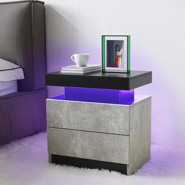 Alt view image 7 of 7 - Nightstand Led Bedside Table Cabinet Lights Modern End Side With 2 Drawers For Bedroom (Black+Gray)