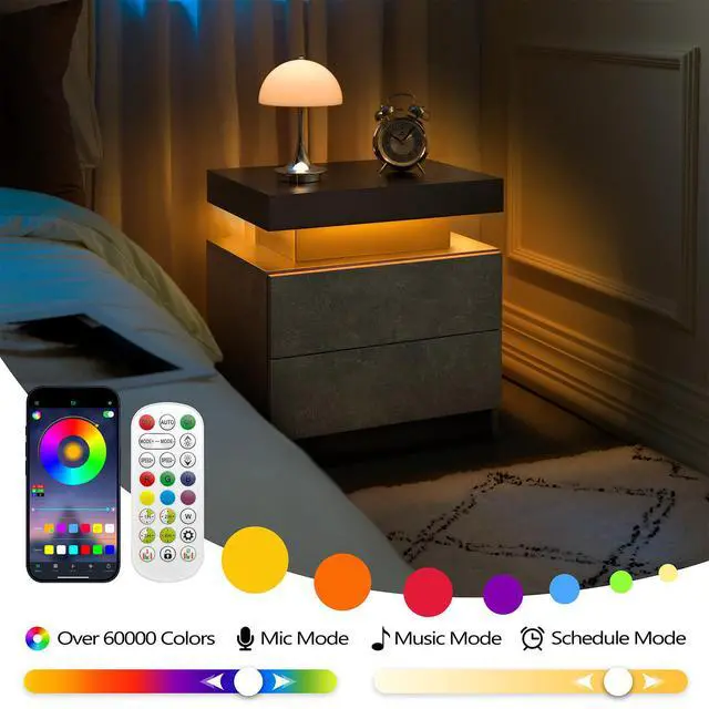 Alt view image 5 of 7 - Nightstand Led Bedside Table Cabinet Lights Modern End Side With 2 Drawers For Bedroom (Black+Gray)