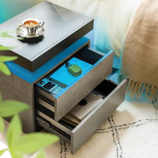 Alt view image 3 of 7 - Nightstand Led Bedside Table Cabinet Lights Modern End Side With 2 Drawers For Bedroom (Black+Gray)