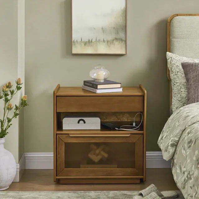 Alt view image 4 of 7 - Mid Century Modern Nightstand With Charging Station & Outlet Hole & 2 Drawers, Farmhouse End Table With Open Shelf & Glass Drawer Dresser, Side Cabinet For Living Room Reception Room Dorm-Light Walnut