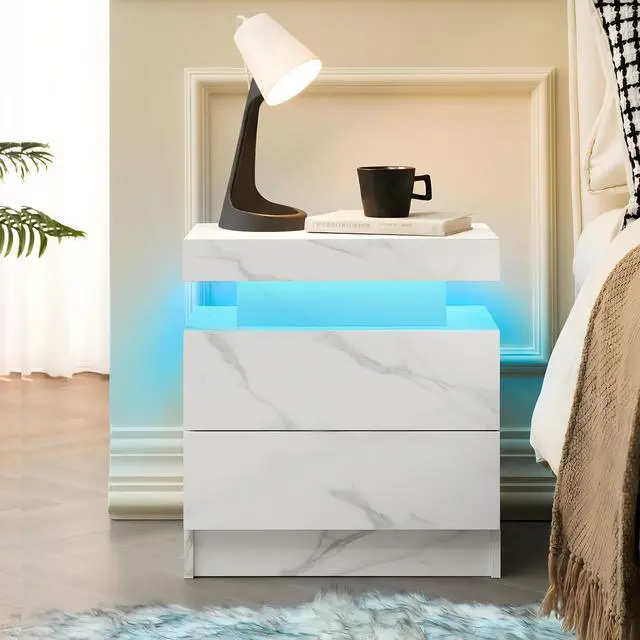 Main image of Nightstand Led Bedside Table Cabinet Lights Modern End Side With 2 Drawers For Bedroom (White Stone)