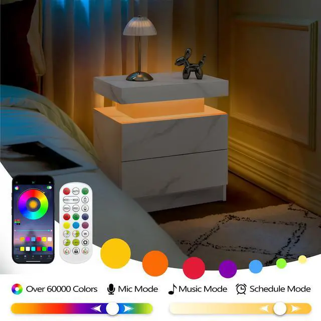 Alt view image 4 of 7 - Nightstand Led Bedside Table Cabinet Lights Modern End Side With 2 Drawers For Bedroom (White Stone)
