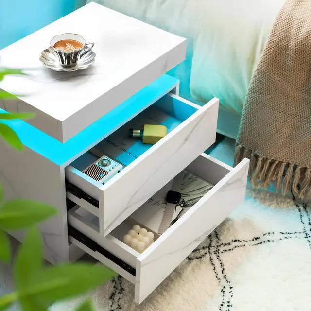 Alt view image 2 of 7 - Nightstand Led Bedside Table Cabinet Lights Modern End Side With 2 Drawers For Bedroom (White Stone)