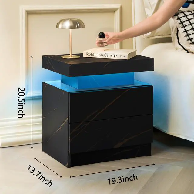 Alt view image 3 of 7 - Nightstand Led Bedside Table Cabinet Lights Modern End Side With 2 Drawers For Bedroom (Black Gold)