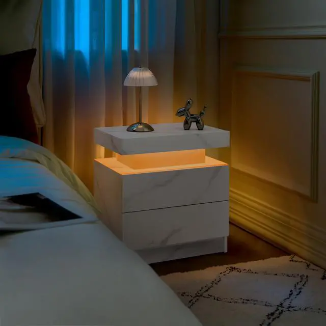 Alt view image 6 of 7 - Nightstand Led Bedside Table Cabinet Lights Modern End Side With 2 Drawers For Bedroom (White Stone)