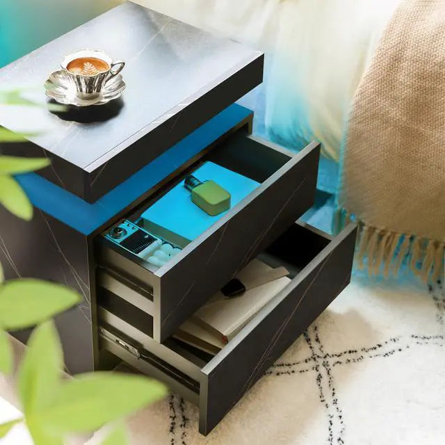 Alt view image 2 of 7 - Nightstand Led Bedside Table Cabinet Lights Modern End Side With 2 Drawers For Bedroom (Black Gold)