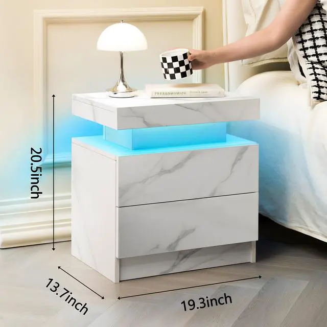 Alt view image 3 of 7 - Nightstand Led Bedside Table Cabinet Lights Modern End Side With 2 Drawers For Bedroom (White Stone)