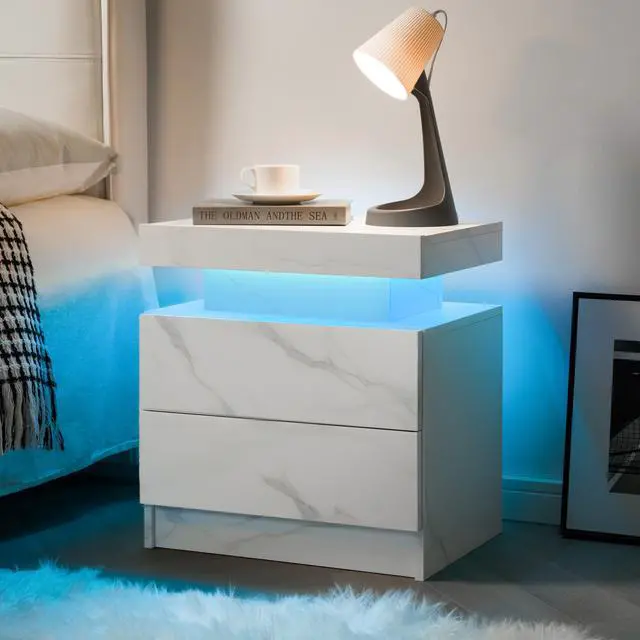 Alt view image 5 of 7 - Nightstand Led Bedside Table Cabinet Lights Modern End Side With 2 Drawers For Bedroom (White Stone)