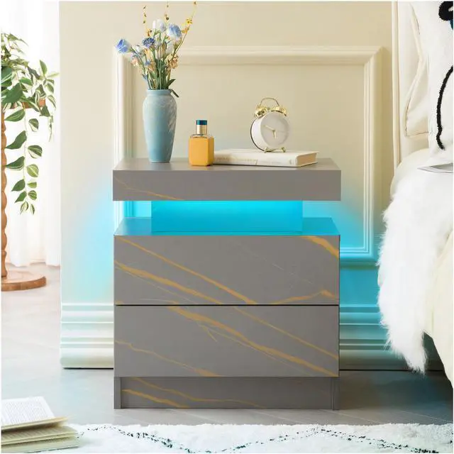 Main image of Nightstand Led Bedside Table Cabinet Lights Modern End Side With 2 Drawers For Bedroom (Grey Gold)