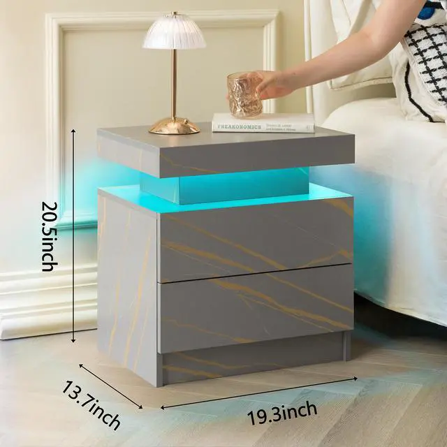 Alt view image 3 of 7 - Nightstand Led Bedside Table Cabinet Lights Modern End Side With 2 Drawers For Bedroom (Grey Gold)