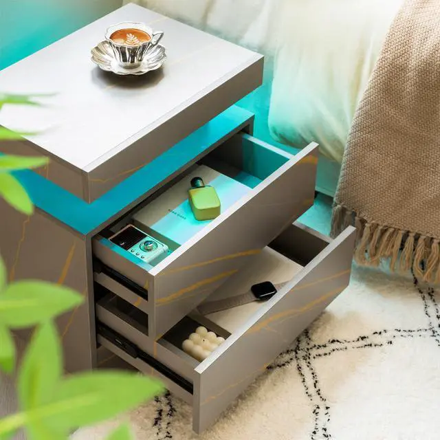 Alt view image 2 of 7 - Nightstand Led Bedside Table Cabinet Lights Modern End Side With 2 Drawers For Bedroom (Grey Gold)