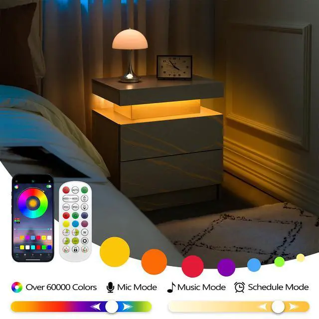 Alt view image 4 of 7 - Nightstand Led Bedside Table Cabinet Lights Modern End Side With 2 Drawers For Bedroom (Grey Gold)