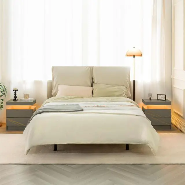 Alt view image 6 of 7 - Nightstand Led Bedside Table Cabinet Lights Modern End Side With 2 Drawers For Bedroom (Grey Gold)