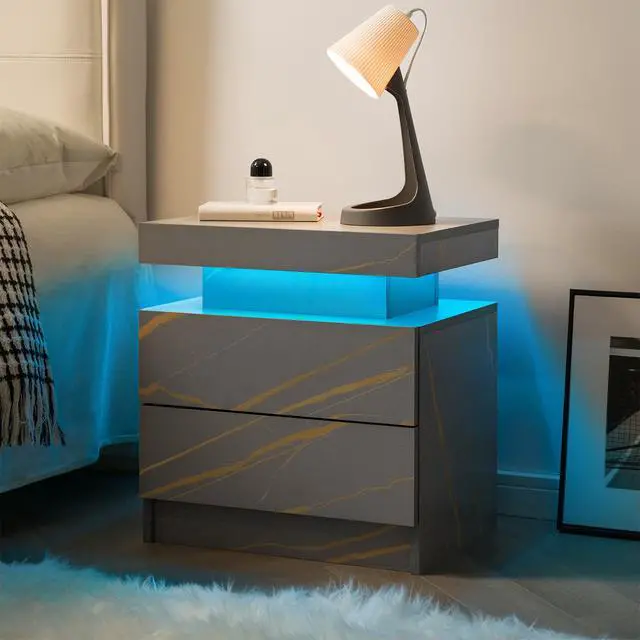 Alt view image 5 of 7 - Nightstand Led Bedside Table Cabinet Lights Modern End Side With 2 Drawers For Bedroom (Grey Gold)