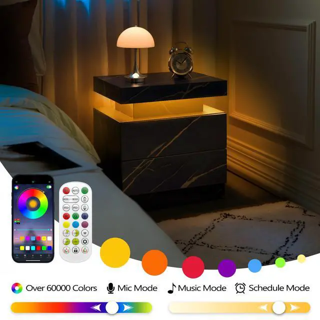 Alt view image 4 of 7 - Nightstand Led Bedside Table Cabinet Lights Modern End Side With 2 Drawers For Bedroom (Black Gold)