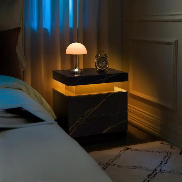 Alt view image 6 of 7 - Nightstand Led Bedside Table Cabinet Lights Modern End Side With 2 Drawers For Bedroom (Black Gold)