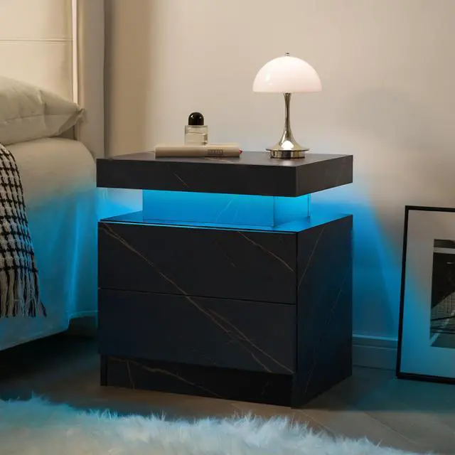 Alt view image 5 of 7 - Nightstand Led Bedside Table Cabinet Lights Modern End Side With 2 Drawers For Bedroom (Black Gold)
