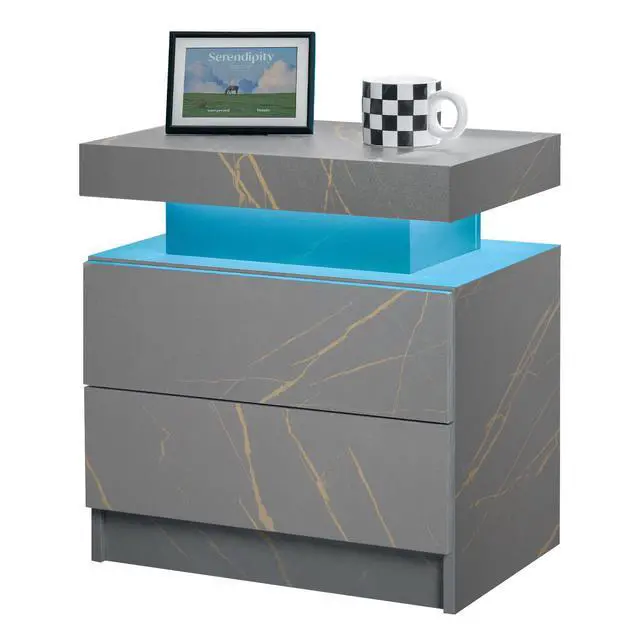 Alt view image 7 of 7 - Nightstand Led Bedside Table Cabinet Lights Modern End Side With 2 Drawers For Bedroom (Grey Gold)