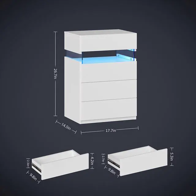 Alt view image 2 of 6 - Nightstand With Led Lights, Bedside Table, Side Table With 4 Drawers, Modern Style,White