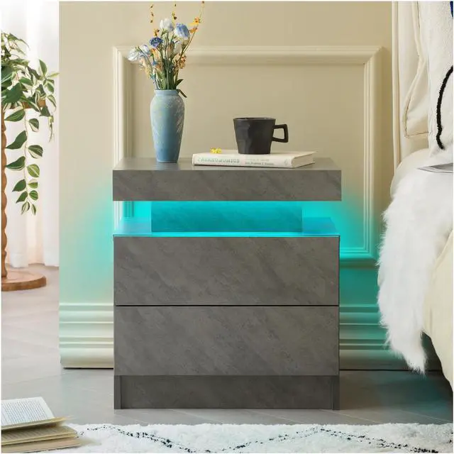 Main image of Nightstand Led Bedside Table Cabinet Lights Modern End Side With 2 Drawers For Bedroom (Deep Gray)