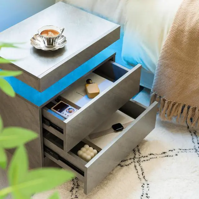 Alt view image 2 of 7 - Nightstand Led Bedside Table Cabinet Lights Modern End Side With 2 Drawers For Bedroom (Deep Gray)