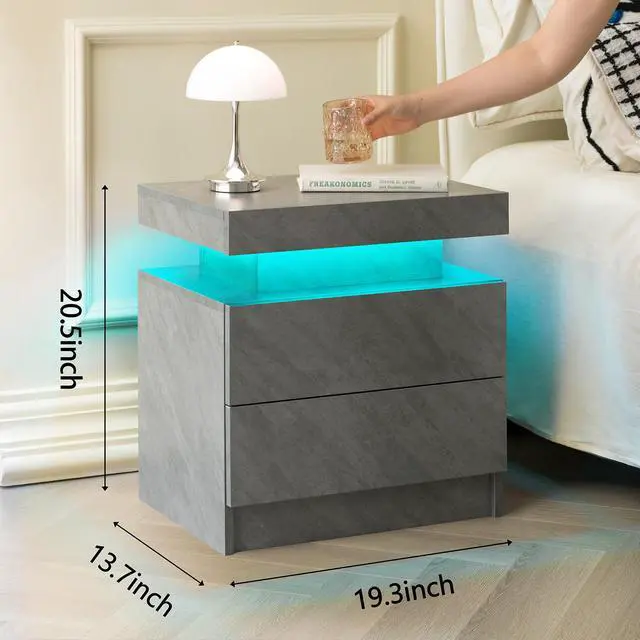 Alt view image 3 of 7 - Nightstand Led Bedside Table Cabinet Lights Modern End Side With 2 Drawers For Bedroom (Deep Gray)