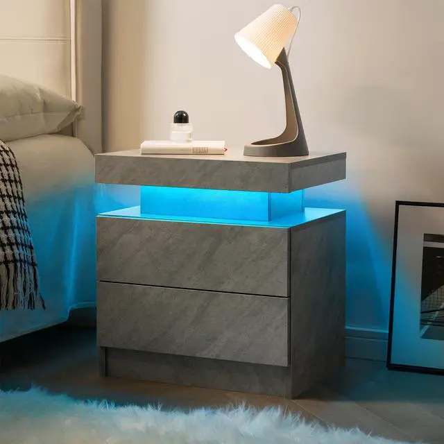 Alt view image 5 of 7 - Nightstand Led Bedside Table Cabinet Lights Modern End Side With 2 Drawers For Bedroom (Deep Gray)