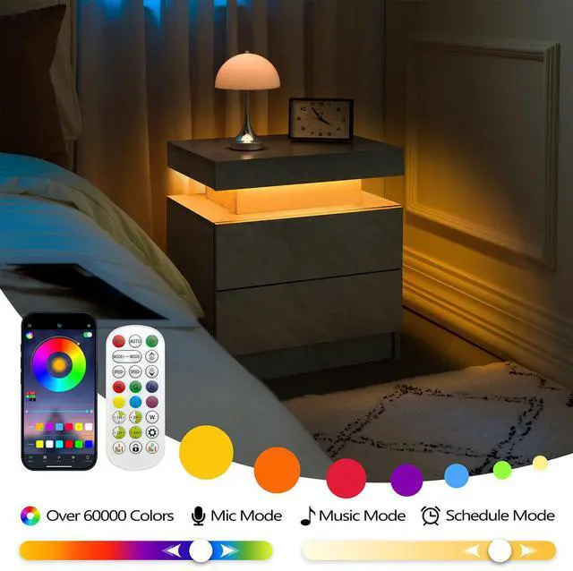 Alt view image 4 of 7 - Nightstand Led Bedside Table Cabinet Lights Modern End Side With 2 Drawers For Bedroom (Deep Gray)