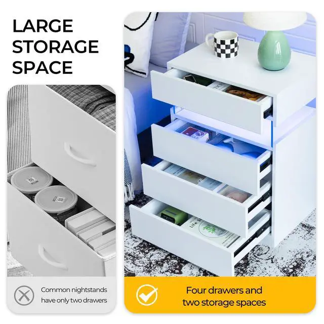 Alt view image 4 of 6 - Nightstand With Led Lights, Bedside Table, Side Table With 4 Drawers, Modern Style,White