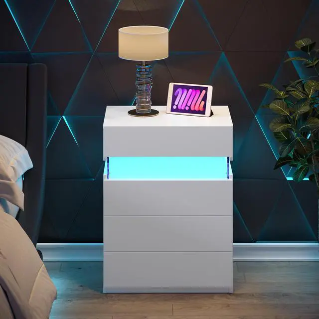 Alt view image 6 of 6 - Nightstand With Led Lights, Bedside Table, Side Table With 4 Drawers, Modern Style,White