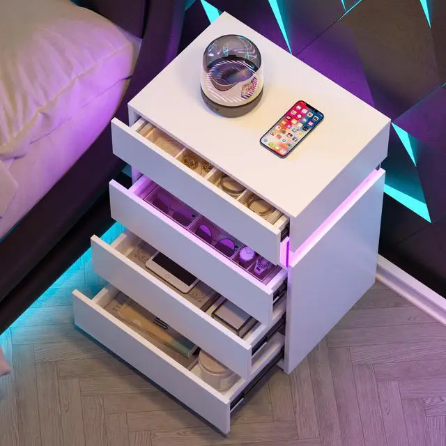 Alt view image 3 of 6 - Nightstand With Led Lights, Bedside Table, Side Table With 4 Drawers, Modern Style,White