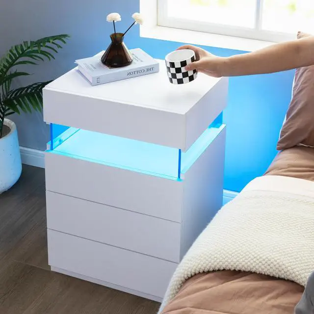 Alt view image 5 of 6 - Nightstand With Led Lights, Bedside Table, Side Table With 4 Drawers, Modern Style,White