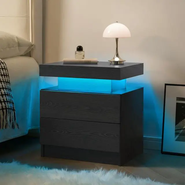 Alt view image 4 of 7 - Nightstand Led Bedside Table Cabinet Lights Modern End Side With 2 Drawers For Bedroom (Black Woodgrain)
