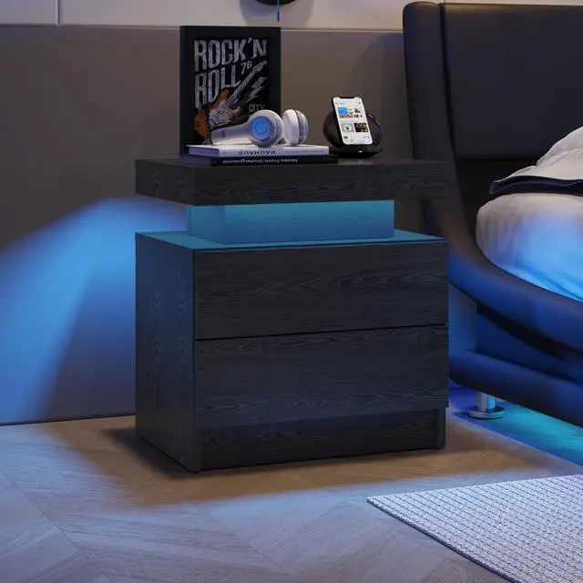 Alt view image 7 of 7 - Nightstand Led Bedside Table Cabinet Lights Modern End Side With 2 Drawers For Bedroom (Black Woodgrain)