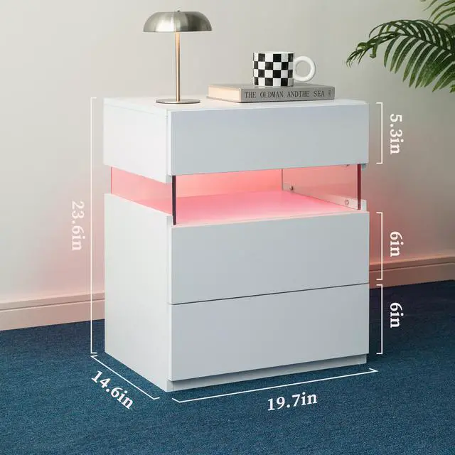 Alt view image 2 of 7 - Led Nightstands 3 Drawer Dresser For Bedroom With 16Rgb Color Lights,Bedside Tables For Living Room Bedside Furniture (White)