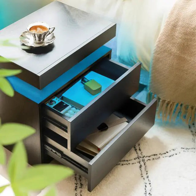 Alt view image 2 of 7 - Nightstand Led Bedside Table Cabinet Lights Modern End Side With 2 Drawers For Bedroom (Black Woodgrain)
