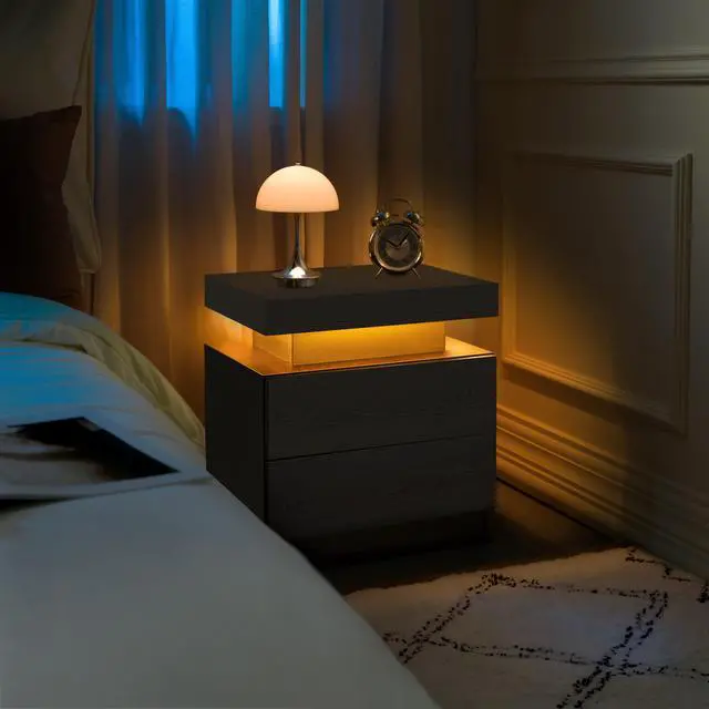 Alt view image 5 of 7 - Nightstand Led Bedside Table Cabinet Lights Modern End Side With 2 Drawers For Bedroom (Black Woodgrain)