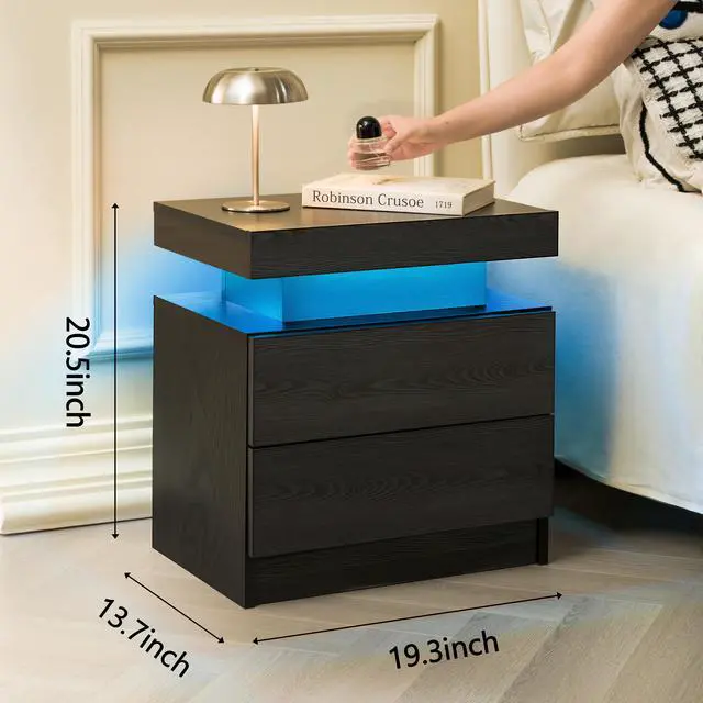 Alt view image 3 of 7 - Nightstand Led Bedside Table Cabinet Lights Modern End Side With 2 Drawers For Bedroom (Black Woodgrain)