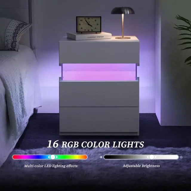 Alt view image 3 of 7 - Led Nightstands 3 Drawer Dresser For Bedroom With 16Rgb Color Lights,Bedside Tables For Living Room Bedside Furniture (White)