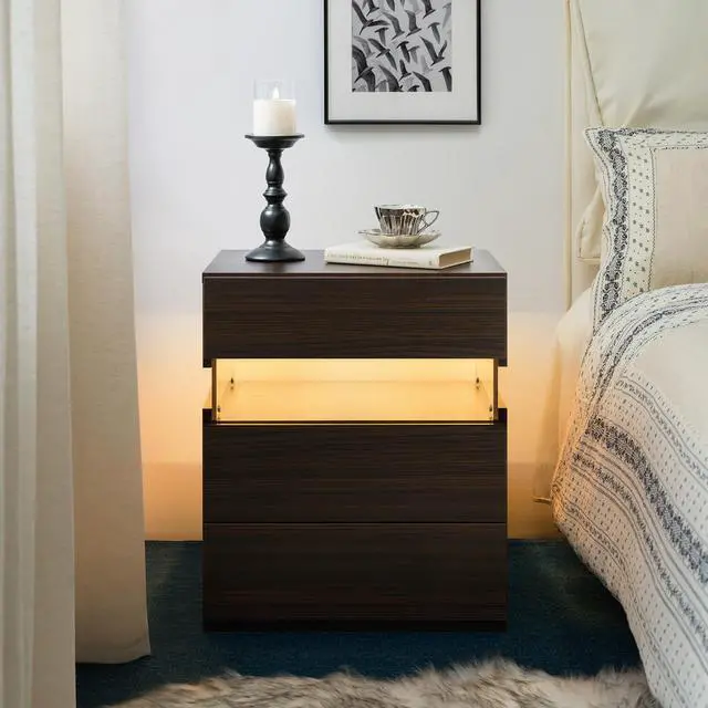 Main image of Led Nightstands 3 Drawer Dresser For Bedroom End Table With Acrylic Board Led Bedside Tables (Walnut)