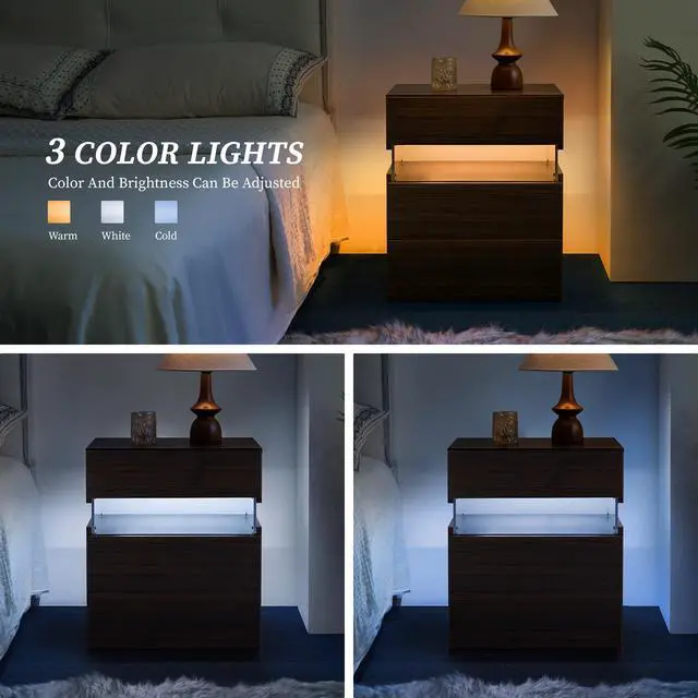 Alt view image 3 of 7 - Led Nightstands 3 Drawer Dresser For Bedroom End Table With Acrylic Board Led Bedside Tables (Walnut)