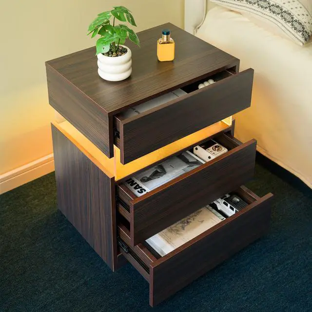 Alt view image 5 of 7 - Led Nightstands 3 Drawer Dresser For Bedroom End Table With Acrylic Board Led Bedside Tables (Walnut)