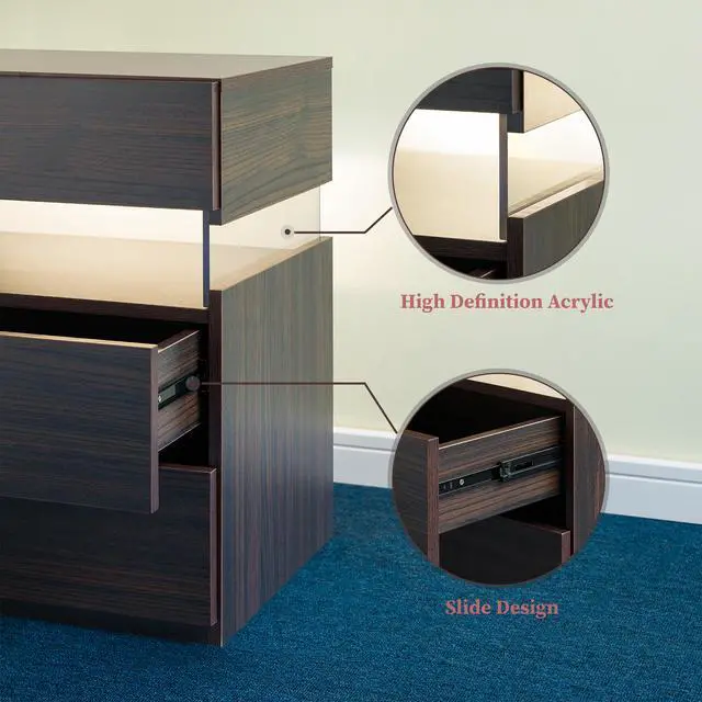 Alt view image 4 of 7 - Led Nightstands 3 Drawer Dresser For Bedroom End Table With Acrylic Board Led Bedside Tables (Walnut)