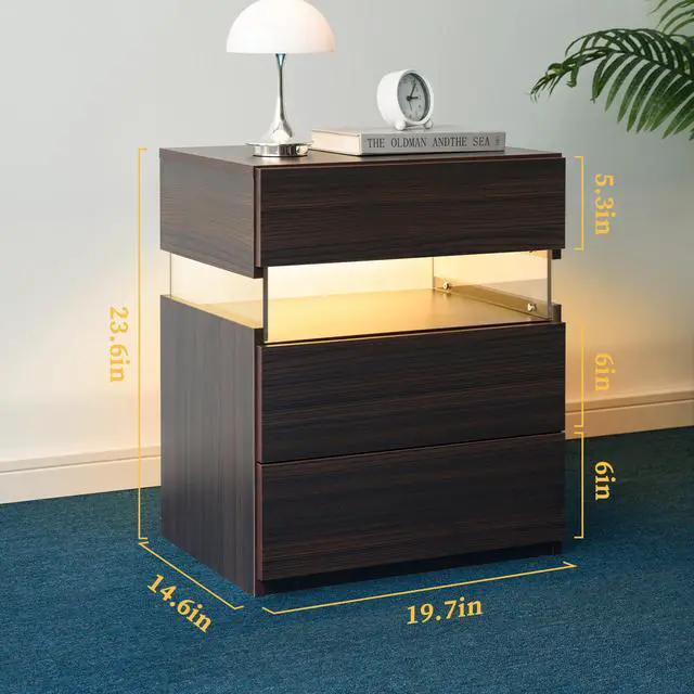 Alt view image 2 of 7 - Led Nightstands 3 Drawer Dresser For Bedroom End Table With Acrylic Board Led Bedside Tables (Walnut)