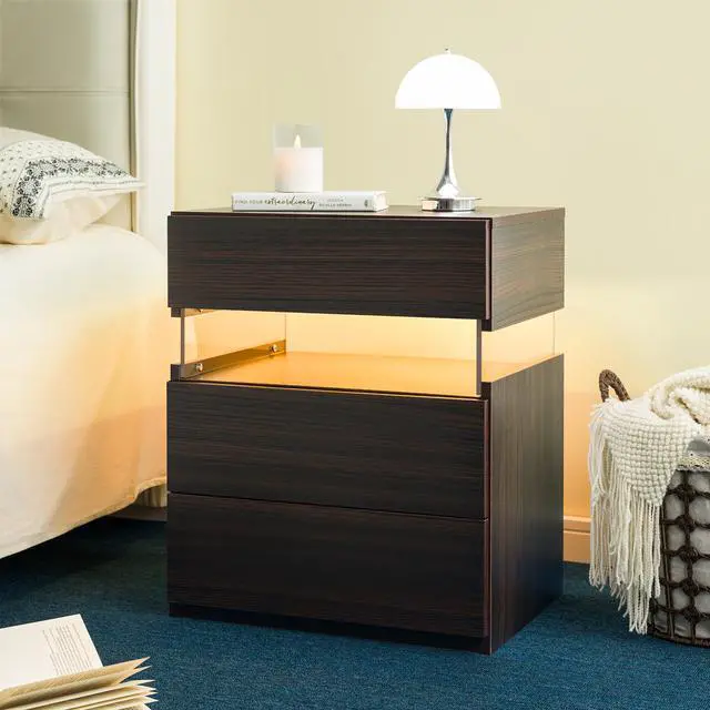 Alt view image 6 of 7 - Led Nightstands 3 Drawer Dresser For Bedroom End Table With Acrylic Board Led Bedside Tables (Walnut)