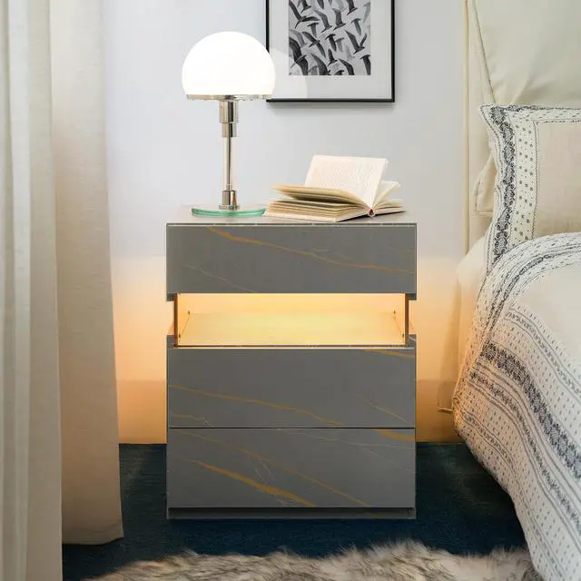 Main image of Led Nightstands 3 Drawer Dresser For Bedroom End Table With Acrylic Board Led Bedside Tables For Bedroom Living Room Bedside Furniture (Grey+Gold)